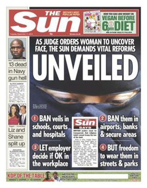 Veiled woman on the cover of the Sun tabloid