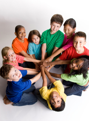 children with many different colored t-shirts