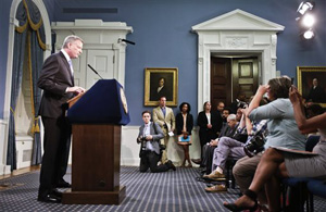 Mayor Bill de Blasio speaks during a news conference on Monday, July 28, 2014 at City Hall in New York. Mayor de Blasio, facing his first significant test in trying to improve strained relations between the NYPD and communities of color, did not say whether or not he thought race played a role in the police custody death that has roiled the city.