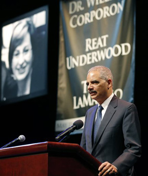 United States Attorney General Eric Holder gives remarks during an Interfaith Service as people across race, ethnic groups, and religions came together to mourn the hate killings that was committed in Overland Park, KS by a known racist and neo-Nazi.