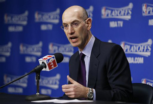 NBA Commissioner Adam Silver answers questions during a news conference before Game 4 of an opening-round NBA basketball playoff series between the Memphis Grizzlies and the Oklahoma City Thunder on Saturday, April 26, 2014, in Memphis, Tenn.