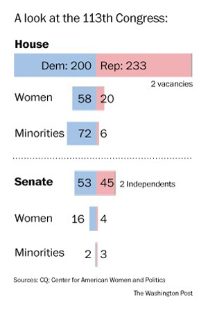 The make-up of the 113th Republican Congress shows the representation of minorities and women. Immigration reform has also stalled in the current Congress.