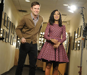 This Oct. 29, 2013 photo released by NBC shows actress Kerry Washington, right, with cast member Taran Killam during a promotional shoot for &quot;Saturday Night Live,&quot; in New York. Washington hosted the late night comedy sketch series on Nov. 2.