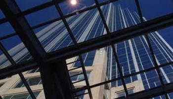 view through a glass ceiling of a skyscraper