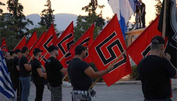 neo-Nazis holding swastika flags