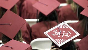 In this May 21, 2012, file photo, graduates from Joplin High School listen to speakers during commencement ceremonies in Joplin, Mo. U.S. public high schools have reached a milestone, an 80 percent graduation rate. Yet that still means 1 of every 5 students walks away without a diploma. Citing the progress, researchers are projecting a 90 percent national graduation rate by 2020.