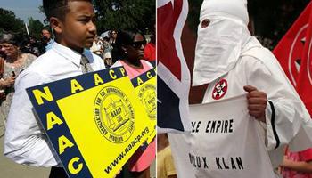 two separate photos of members of the NAACP and KKK