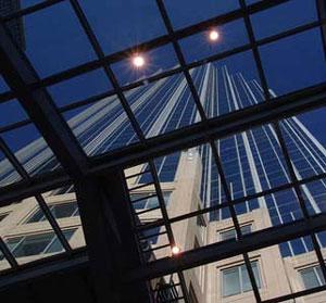 view through a glass ceiling of a skyscraper