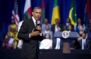 President Barack Obama speaks to participants of the Presidential Summit for the Washington Fellowship for Young African Leaders in Washington, Monday, July 28, 2014 during a town hall meeting. The President announced that the program will be renamed in honor of former South African President Nelson Mandela. The summit is the lead-up event to next week’s inaugural U.S.-Africa Leaders Summit, the largest gathering any U.S. President has held with African heads of state.