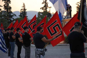 neo-Nazis holding swastika flags