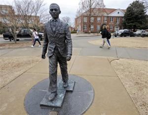 The James Meredith statue is seen on the University of Mississippi campus in Oxford, Miss., Monday, Feb. 17, 2014. A $25,000 reward is available for information leading to the arrest of two men involved in sullying the statue early Sunday, Feb. 16.