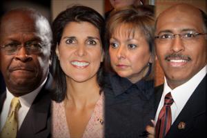 During the 2012 Election cycle, the Republican Party showcased the few minorities in its leadership ranks. Seen here are Presidential candidate, Herman Cain; South Carolina Governor, Nikki Haley; New Mexico Governor, Susana Martinez,  and former RNC chair, Michael Steele.