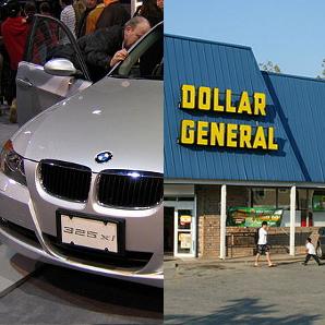 split screen of a BMW car and a Dollar General Storefront