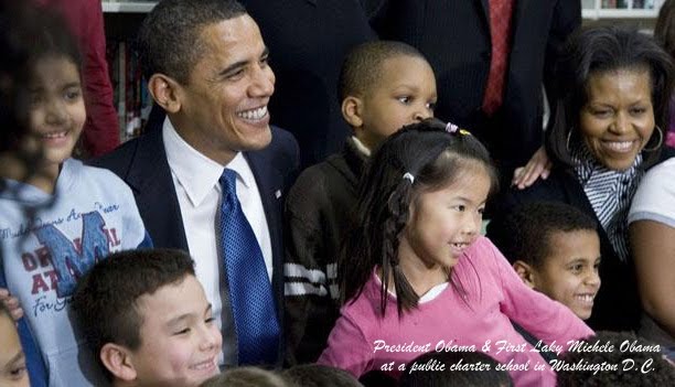 Barack and Michelle Obama with school children