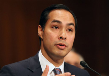 This June 17, 2014 file photo shows Housing and Urban Development Secretary nominee, San Antonio, Texas Mayor Julian Castro testifying on Capitol Hill in Washington. The Senate has easily confirmed San Antonio Mayor Julian Castro to head the Department of Housing and Urban Development. Wednesday’s 71-26 vote makes the 39-year-old Castro one of the highest-ranking Hispanics in government.