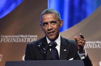 President Barack Obama speaks at the Congressional Black Caucus Foundation’s 44th Annual Legislative Conference Phoenix Awards Dinner in Washington, Saturday, Sept. 27, 2014. Obama told the audience that the mistrust of law enforcement that was exposed after the fatal police shooting in Ferguson, Missouri, has a corrosive effect on all of America, not just on black communities.