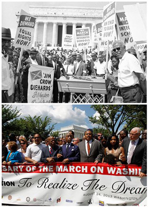 In this combination of Associated Press file photos, at top, civil rights protestors march down Constitution Avenue carrying placards during the March on Washington on Aug. 28, 1963; and at bottom, people rally at the Lincoln Memorial in Washington to commemorate the 50th anniversary of the 1963 march Saturday, Aug. 24, 2013. Dr. Martin Luther King Jr. delivered his &quot;I Have a Dream&quot; speech during the March on Washington on Aug. 28, 1963.