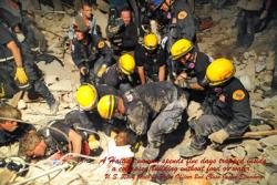 rescuers help a woman trapped in rubble following the Haitian earthquake