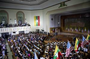U.S. President Barack Obama speaks at Yangon University in Yangon, Myanmar, Monday, Nov. 19, 2012. This is the first visit to Myanmar by a sitting U.S. president. (AP Photo/Carolyn Kaster)