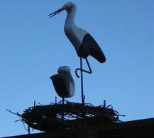 Stork on a rooftop in Solvang. Danish tradition believed to ward off lightning and bring good luck.