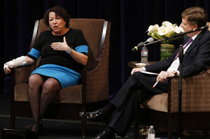 Supreme Court Associate Justice Sonya Sotomayor, left, and Law Professor Robert Spoo, right, speak to University of Tulsa students and faculty in Tulsa, Okla., Wednesday, Sept. 10, 2014.