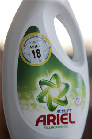 An Ariel liquid detergent bottle with an '18' on it sits in Berlin Germany, Friday, May 9, 2014. The use of Nazi slogans in public is banned in Germany, which neo-Nazis often try to circumvent by using codes. The number 88 stands for &quot;Heil Hitler&quot; and &quot;1&quot;' stands for Adolf Hitler.