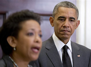 President Barack Obama listens as US Attorney Loretta Lynch speaks, in the Roosevelt Room of the White House in Washington, Saturday, Nov. 8, 2014, where the president announced that he will nominate Lynch to replace Attorney General Eric Holder.