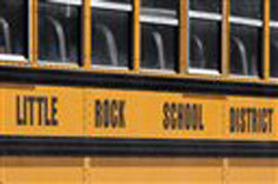 This school bus is parked near Little Rock Central High School in Little Rock, Ark., which symbolizes that segregation is alive and well in neighborhoods and school, making busing a central focus in the efforts to eradicate desegregation.