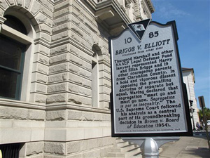An historical marker describing a key school desegregation case from Clarendon County, S.C., is seen outside the federal courthouse in Charleston, S.C.