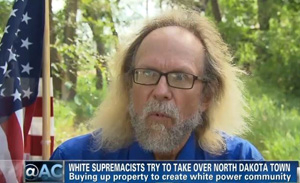 Craig Cobb shown in a television article about his intentions -- the caption reads &quot;White supremacists try to take over North Dakota Town, Buying up property to create 'white power' community&quot;