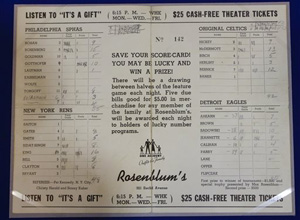 In this Feb. 19, 2014 photo, a Rosenblum tournament scorecard showing information for games between the Philladelphia Sphas vs. the Harlem Rens, and the Original Celtics vs. the Detroit Eagles is show as part of an exhibit entitled &quot;The Black Fives,&quot; at the New-York Historical Society in New York.