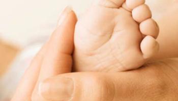 an adult hand holding a babies foot