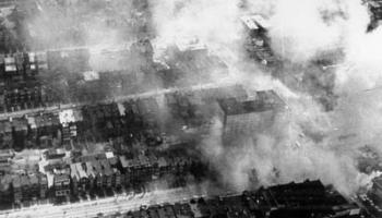 burning building viewed from the air