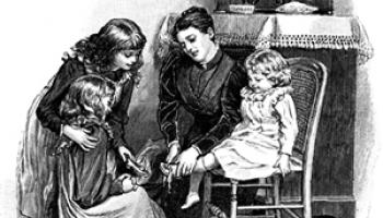 woodcut print of 19th century-era mother with children