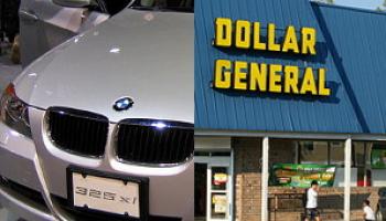 split screen of a BMW car and a Dollar General Storefront