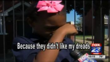 Elementary school student Tiana Parker cried when she was expelled from the a Tulsa school for wearing dreadlocks.