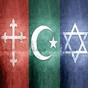 Christian cross, Isamic crescent moon and star, and Jewish star of David 