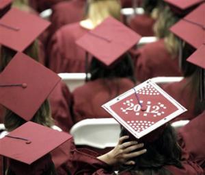 In this May 21, 2012, file photo, graduates from Joplin High School listen to speakers during commencement ceremonies in Joplin, Mo. U.S. public high schools have reached a milestone, an 80 percent graduation rate. Yet that still means 1 of every 5 students walks away without a diploma. Citing the progress, researchers are projecting a 90 percent national graduation rate by 2020.