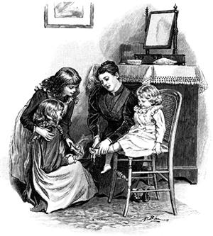 woodcut print of 19th century-era mother with children