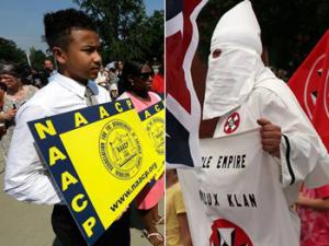 two separate photos of members of the NAACP and KKK