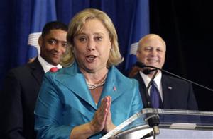 In this Oct. 20, 2014, photo, Sen. Mary Landrieu, D-La., speaks at a campaign event for her senate race in Baton Rouge, La. Landrieu said Monday, Oct. 27, 2014, that she is "not backing up" from President Barack Obama, but she also insisted that she had a record of bipartisanship during Louisiana's latest Senate race debate.