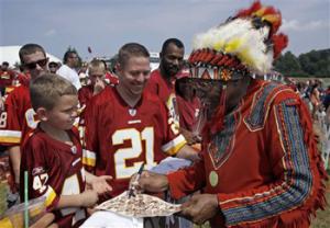 In this Saturday, Aug. 4, 2012 file photo, Zena "Chief Z" Williams, unofficial mascot of the Washington Redskins, signs autographs during fan appreciation day at the Redskins' NFL football training camp at Redskins Park in Ashburn, Va. The name Washington Redskins has inspired protests, hearings, editorials, lawsuits, letters from Congress, even a presidential nudge. Yet behind the headlines, it’s unclear how many Native Americans think “Redskins” is a racial slur.