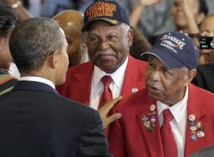 two surviving Tuskegee Airmen greeted by President Barack Obama