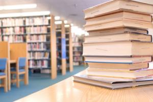 books on a table in a library