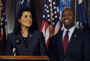 South Carolina Gov. Nikki Haley, left, announces U.S. Rep. Tim Scott